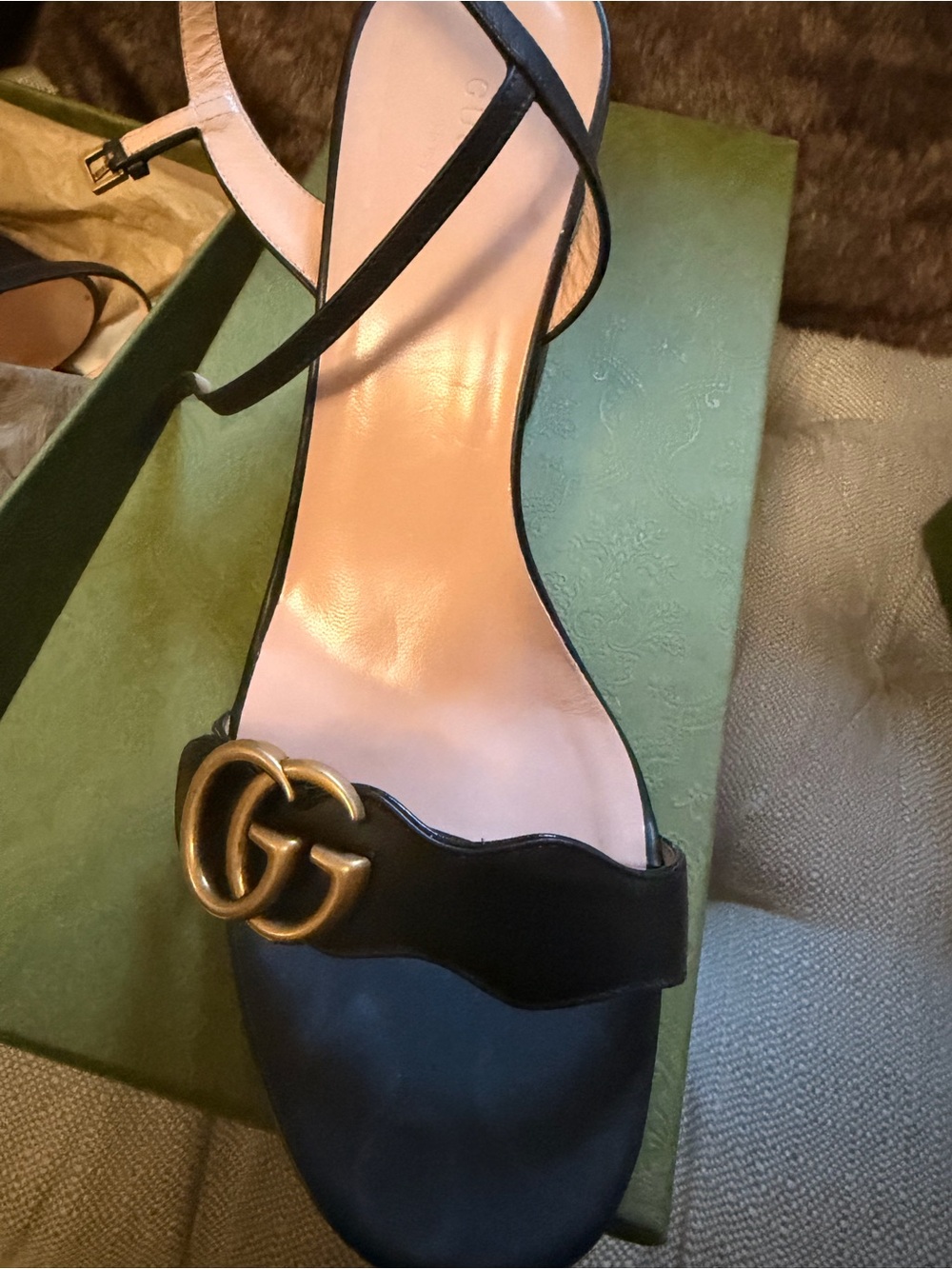 Gucci Black Leather Open-Toe Heel with Gold GG Logo